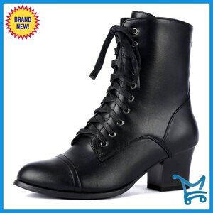 Victorian Ankle Boots Lace Up Side Zipper Chunky Heel Booties